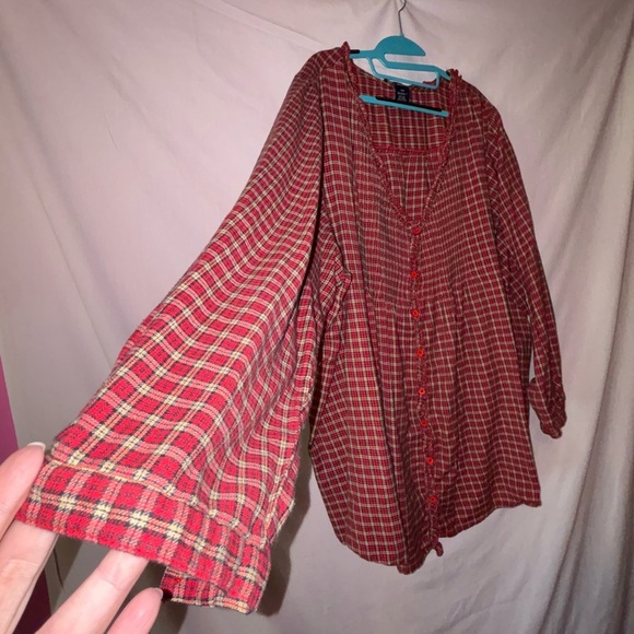 Red Plaid Denim Blouse - Picture 2 of 9